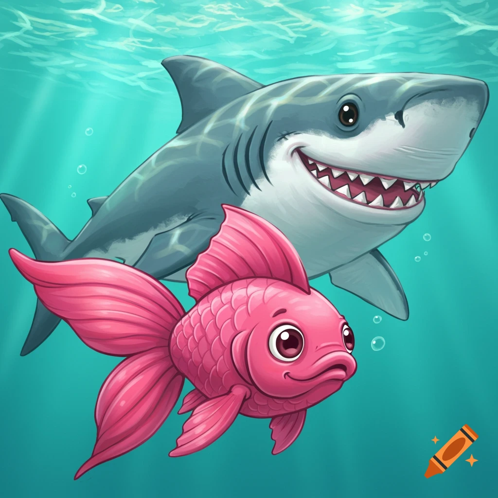 Cartoon shark and pink fish swim together underwater.