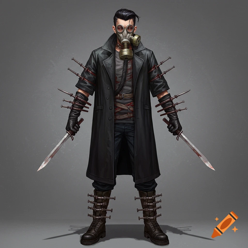 A man is depicted wearing a gas mask and a black coat. There are scalpels visible on his forearms and syringes on his boots.