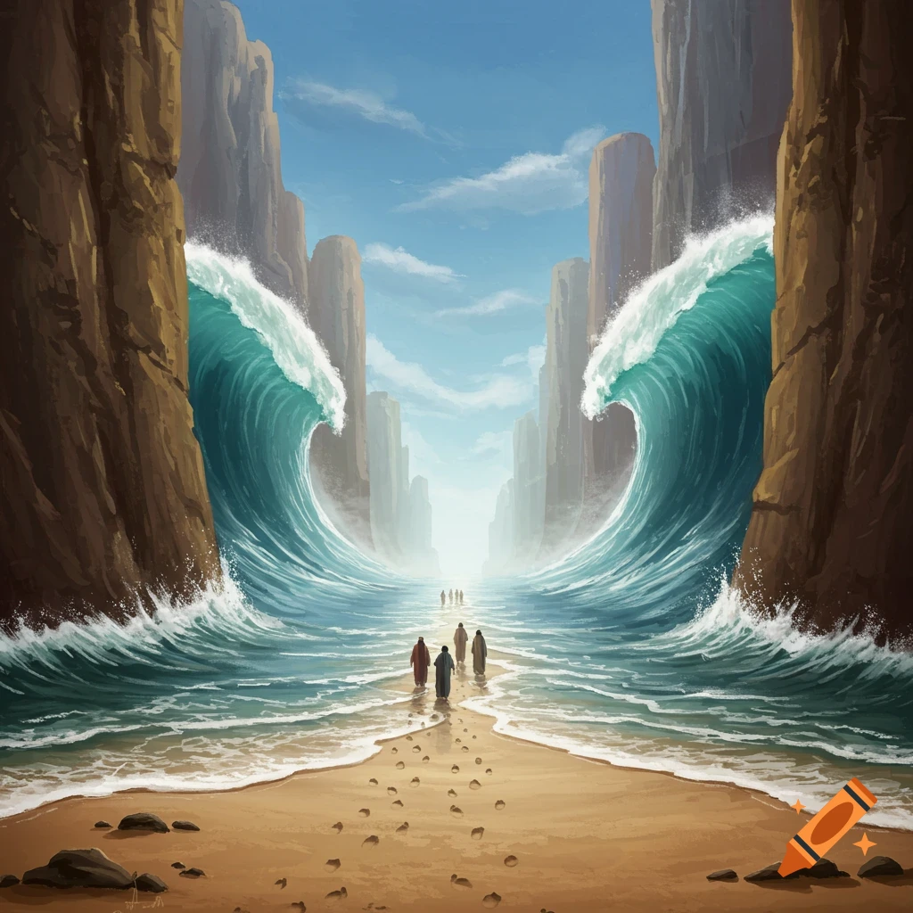 People are walking on a path through the parted Red Sea between towering walls of water.