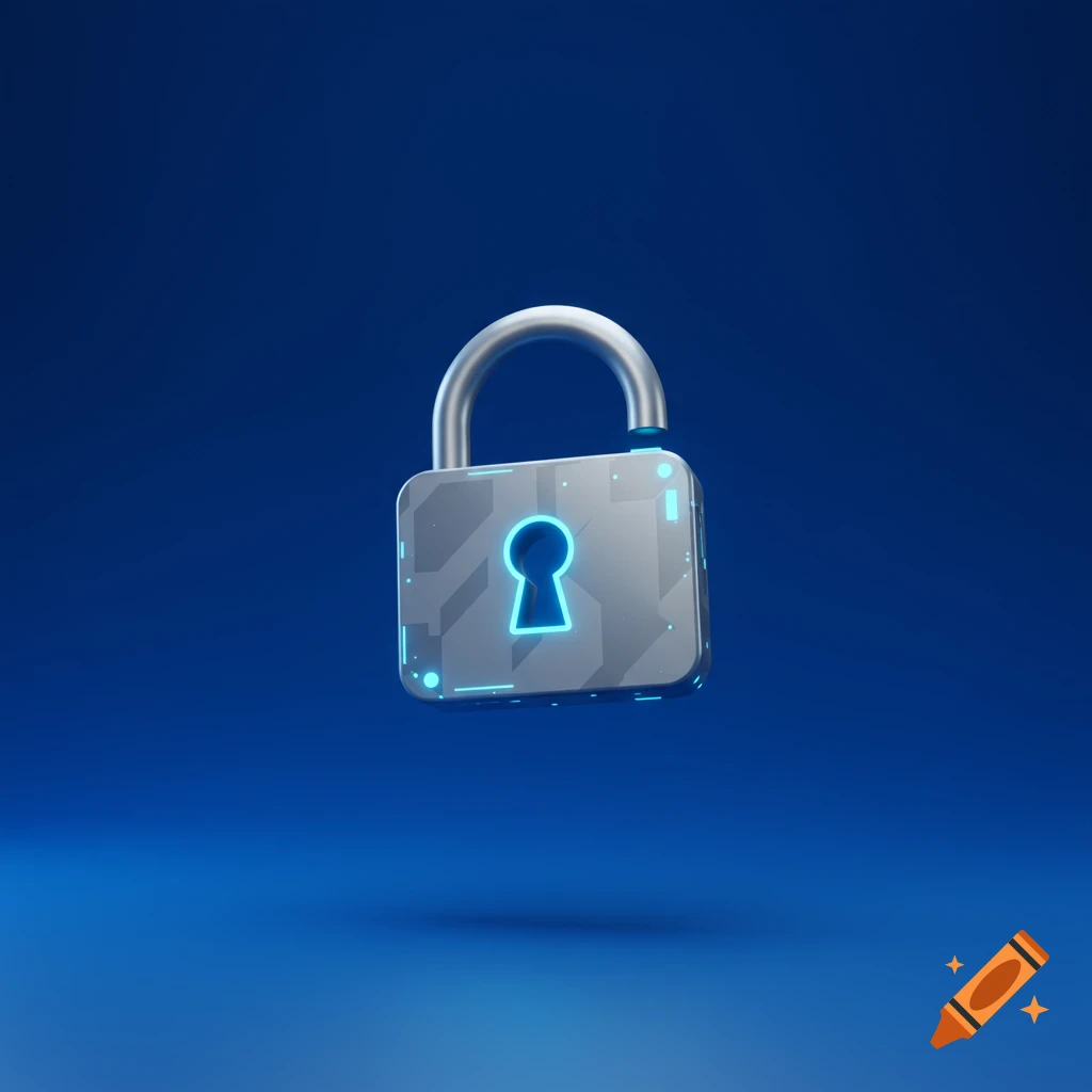 Floating futuristic padlock with glowing blue keyhole on a blue background