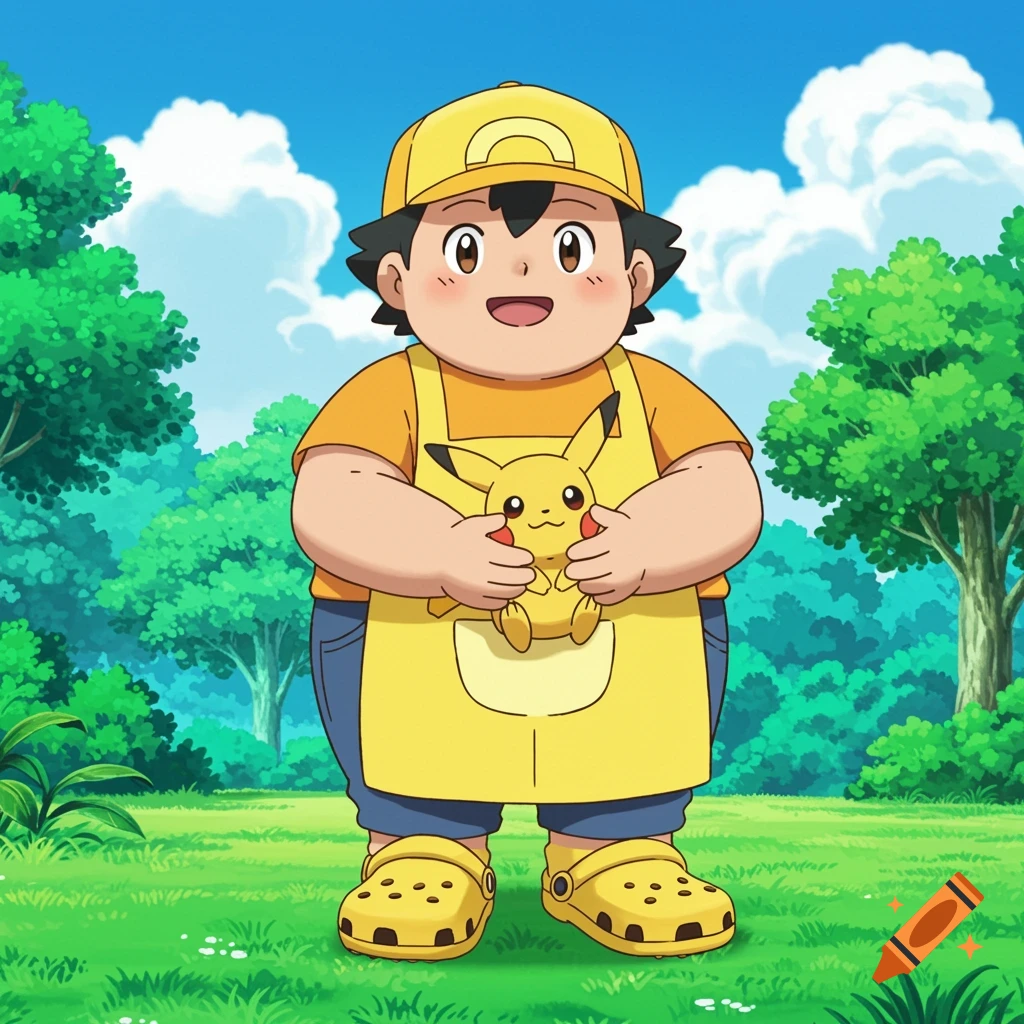 A cartoon boy resembling Ash Ketchum wears a yellow apron and Crocs, holding a Pikachu toy in a grassy field.