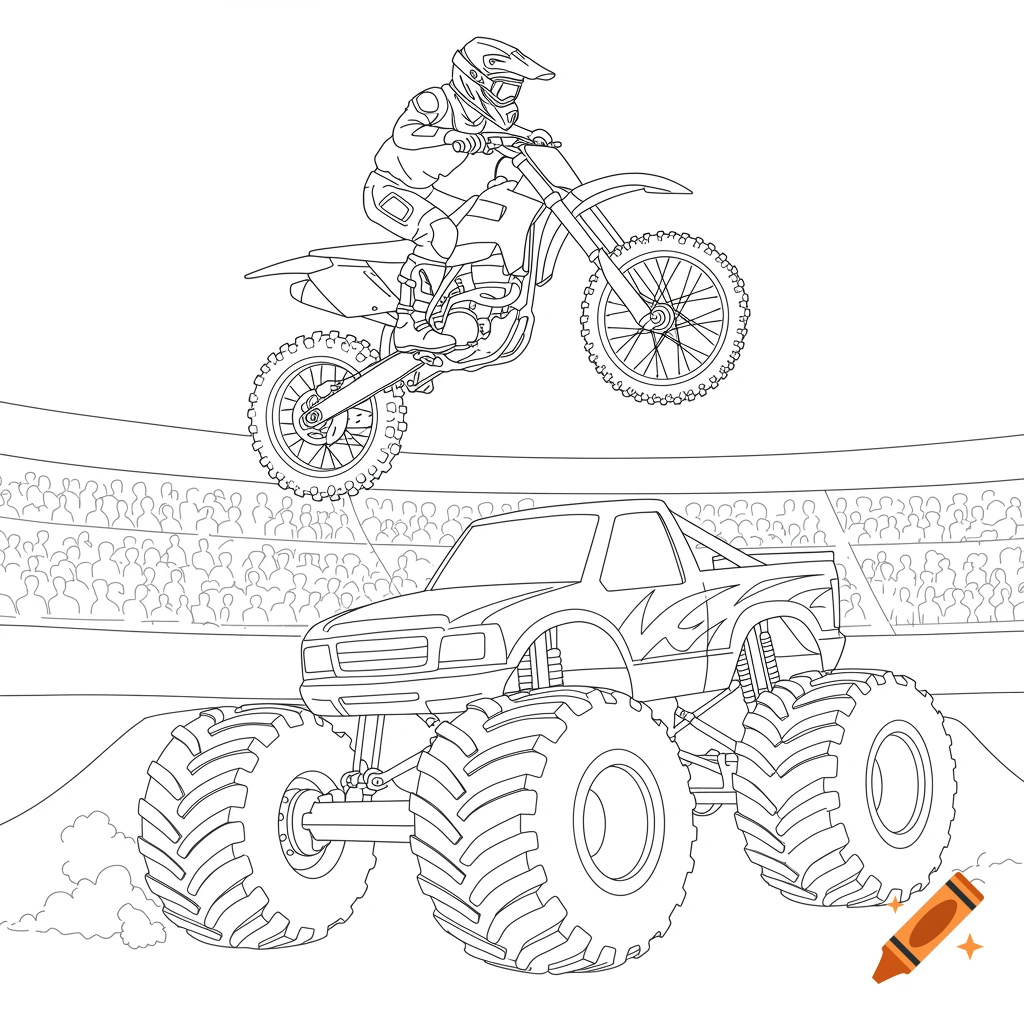 Line drawing coloring page of a dirt bike jumping over a monster truck in a stadium