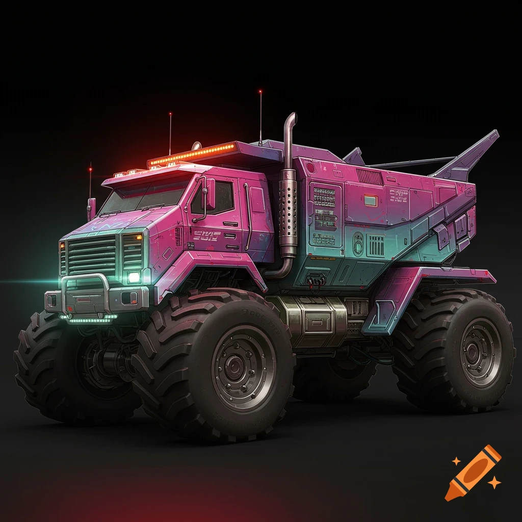 Large, stylized sci-fi truck with pink and teal highlights.