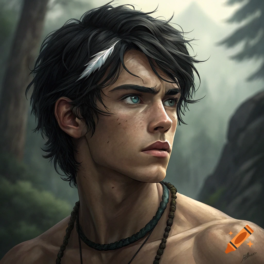 Portrait of a young man with dark hair and a white feather, wearing a necklace, in a forest setting.