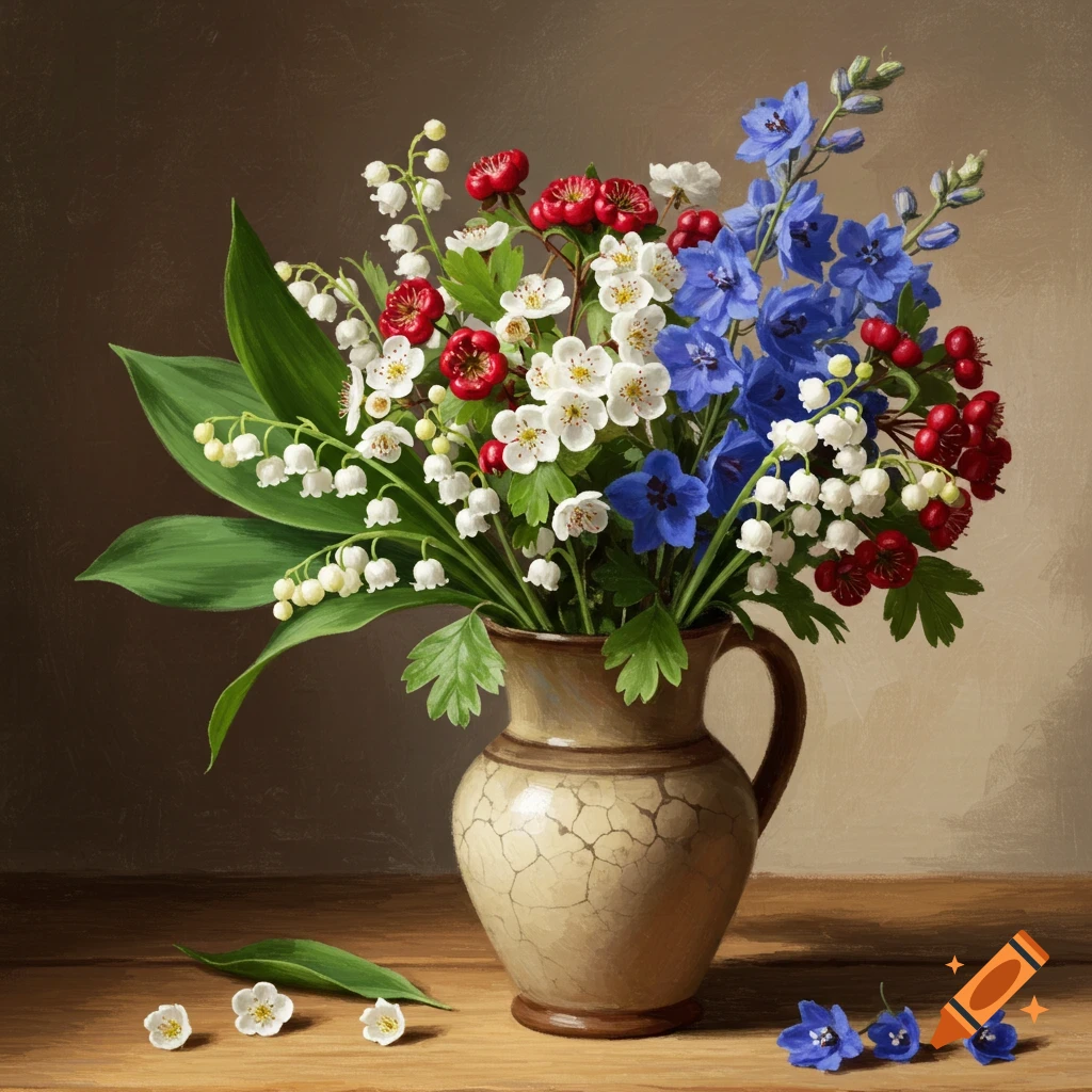 A bouquet of lily of the valley, hawthorn, and larkspur in a vase.