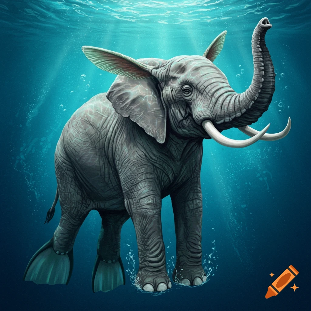 An elephant with flippers swimming underwater.