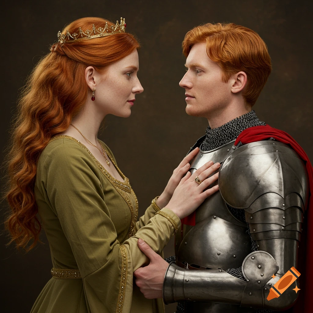 A woman and knight with ginger hair in medieval attire look at each other. Her hand is on his chest. Stylized like a renaissance painting.