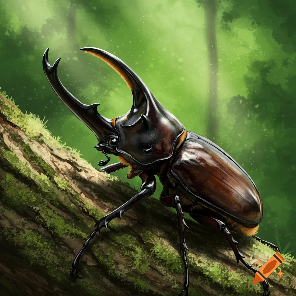 Hercules beetle on a mossy log