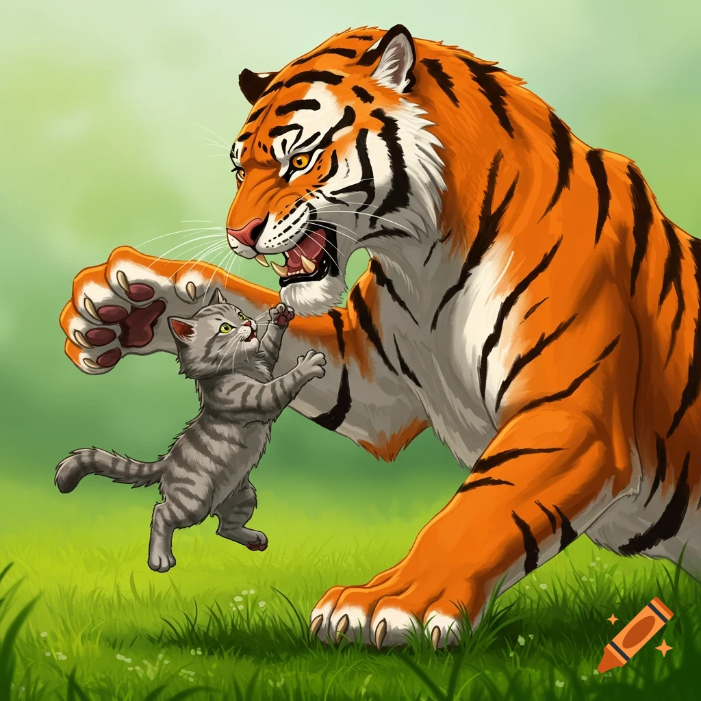A large tiger holds a small tabby kitten in a grassy field.