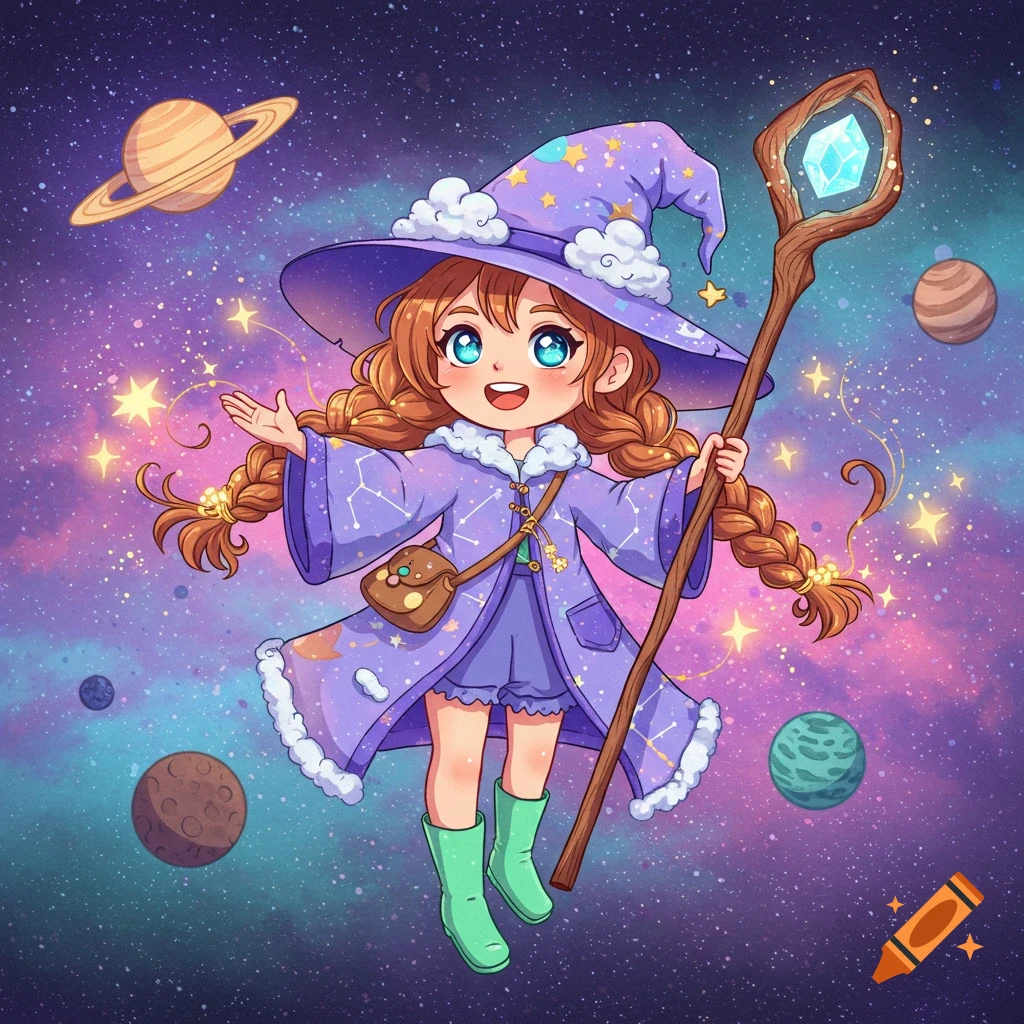 A cute cartoon wizard girl floats in space among planets and stars.