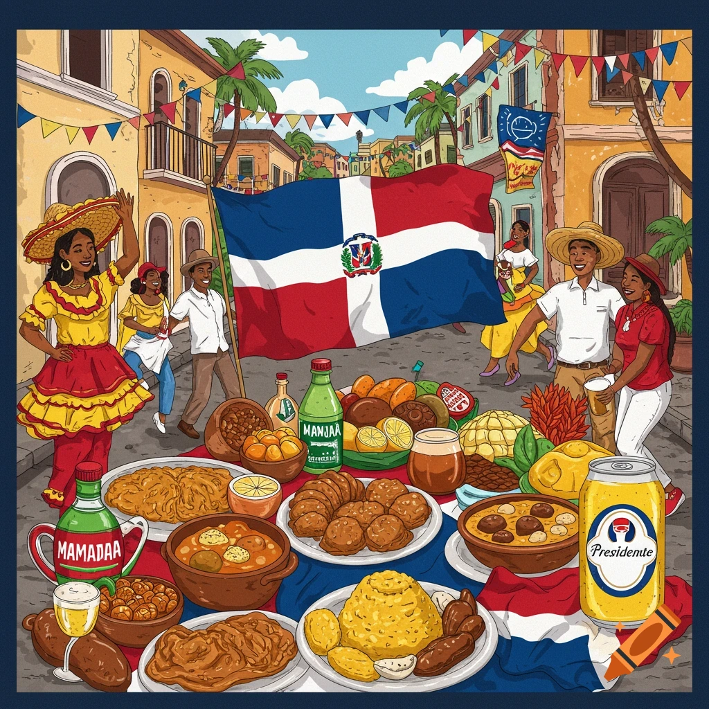 Illustration of a Dominican street celebration with people, flag, and a table of food and drinks.
