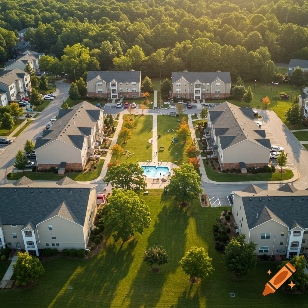 Aerial view of an apartment complex with buildings, courtyard, landscaping, and a pool.