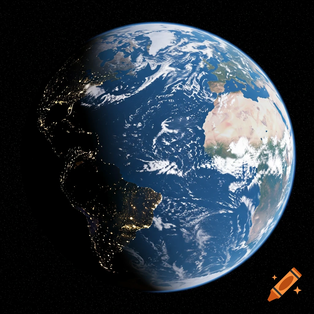 A view of the Earth from space, showing continents, oceans, and city lights.