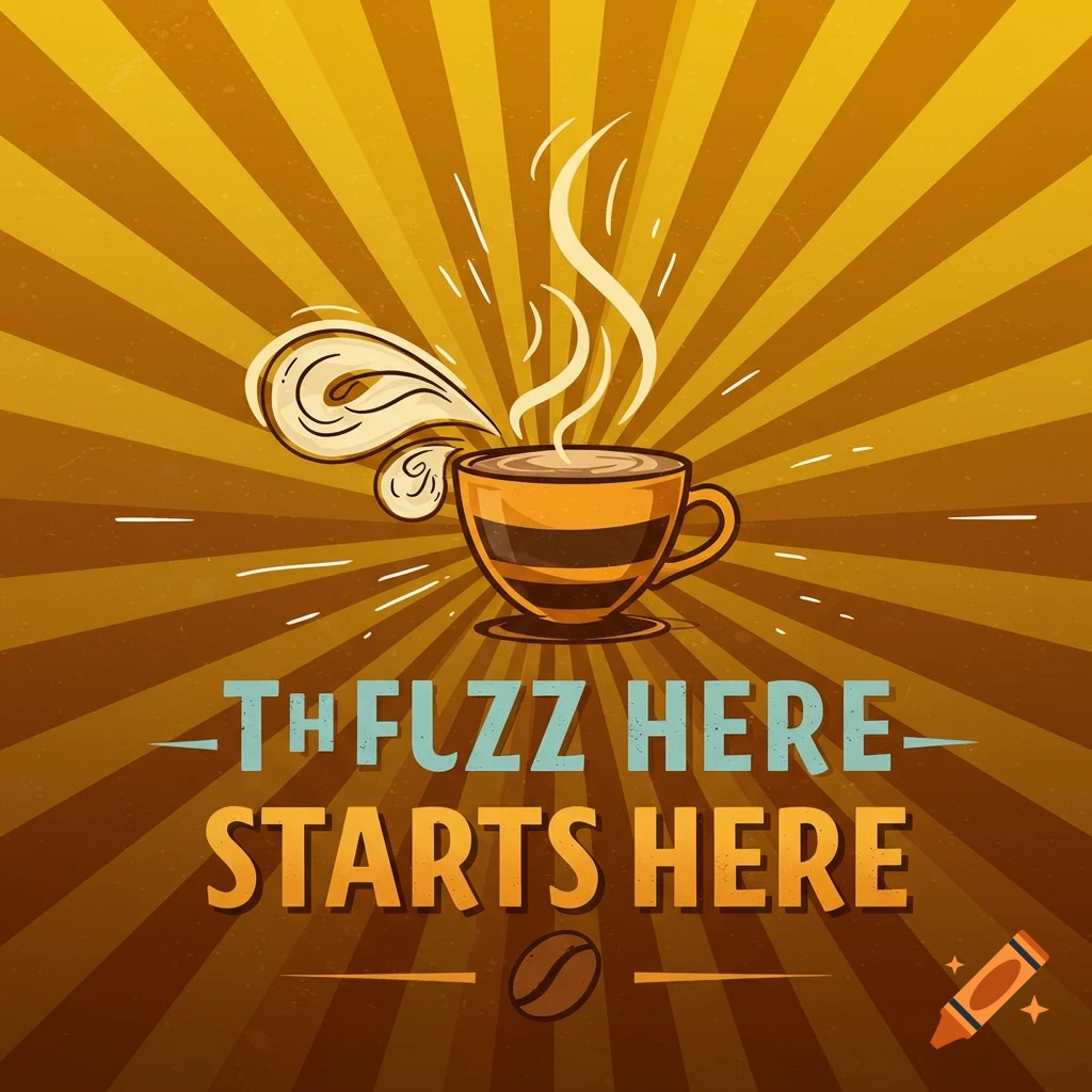 A stylized graphic of a coffee cup with steam against a background of radiating yellow and brown lines. Text reads "TH FLZZ HERE- STARTS HERE".