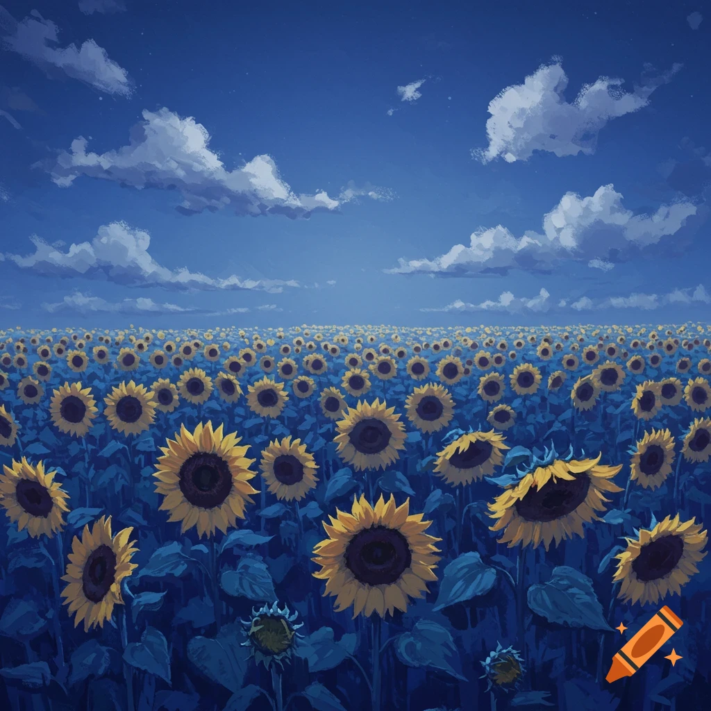 A vast field of sunflowers under a blue moonlit sky.
