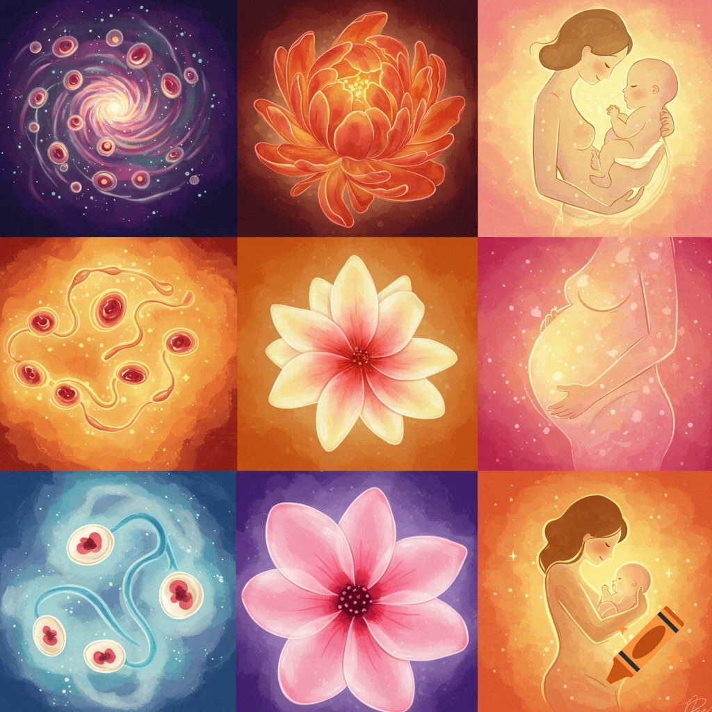 Grid showing stages of pregnancy journey, from cells to mother and baby.