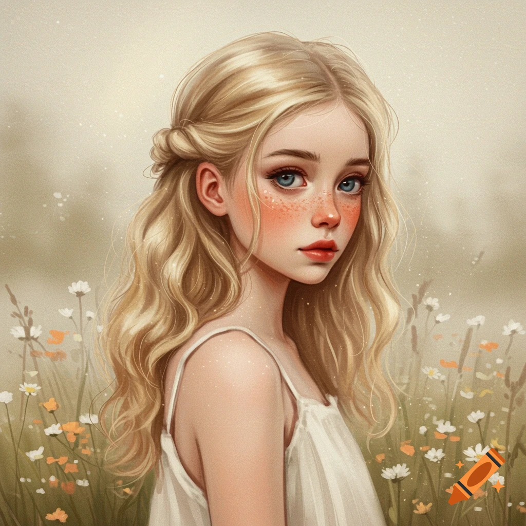 A young girl with blonde hair and freckles stands in a field of wildflowers.