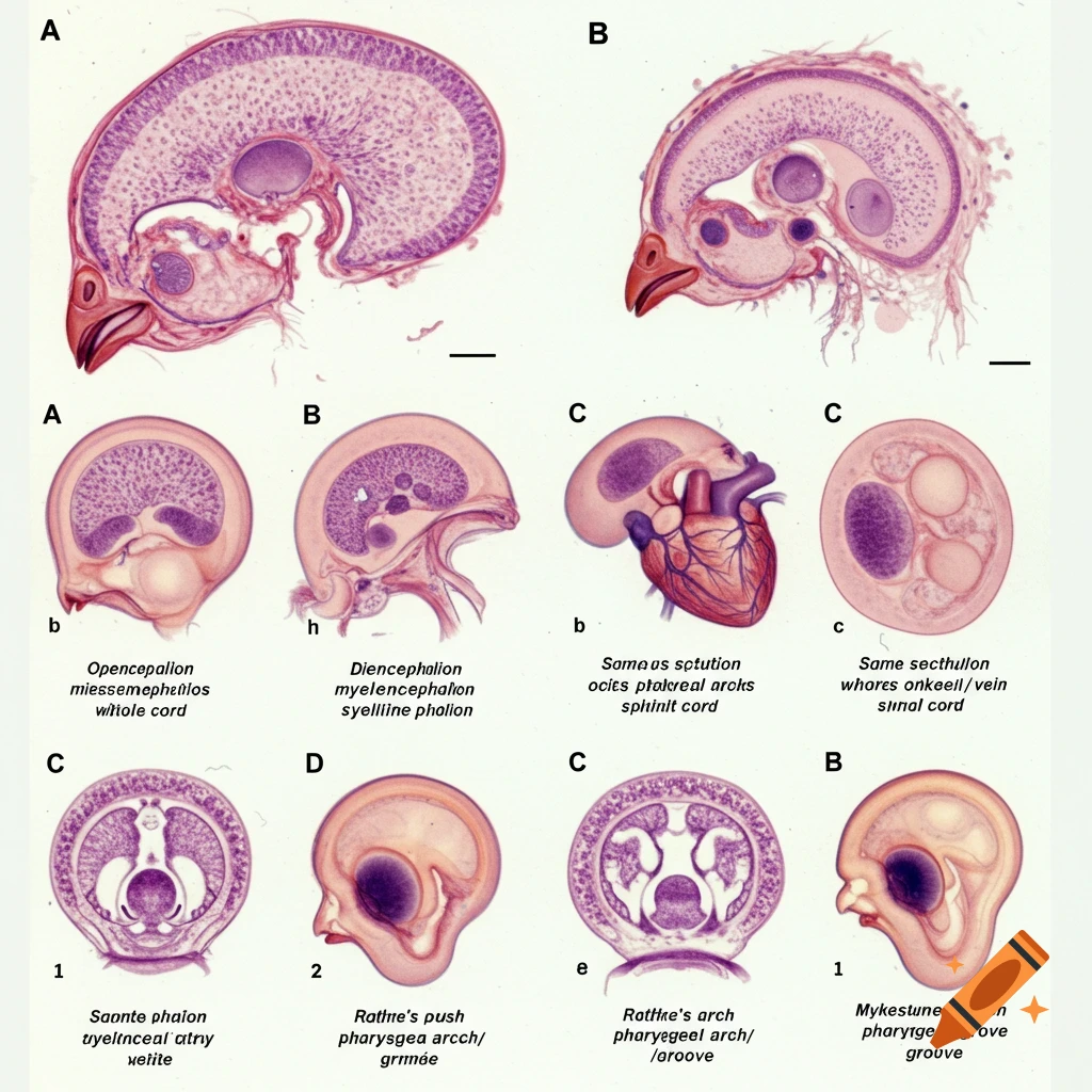 Multiple scientific diagrams showing cross-sections and illustrations of biological structures, labeled with letters and text.