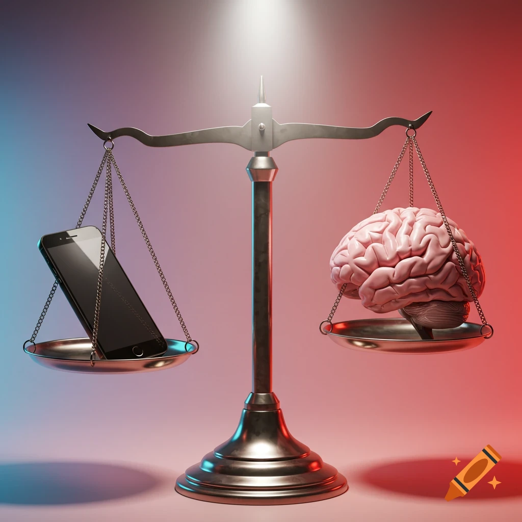A scale balancing a phone and a human brain.