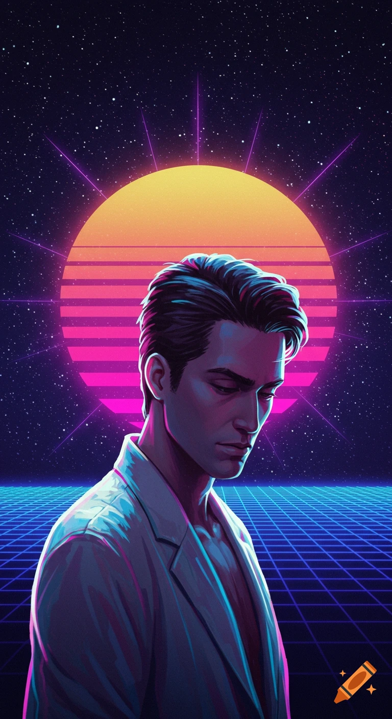 A man in a white jacket looks down against a synthwave sunset, starfield, and grid background.
