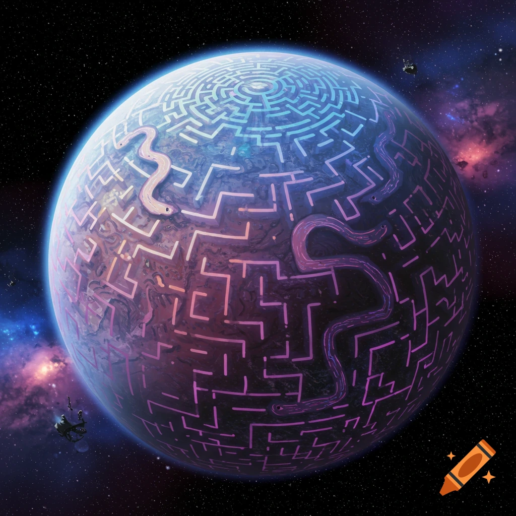 A planet in space covered in a large maze pattern with glowing lines and worm-like shapes moving through it.