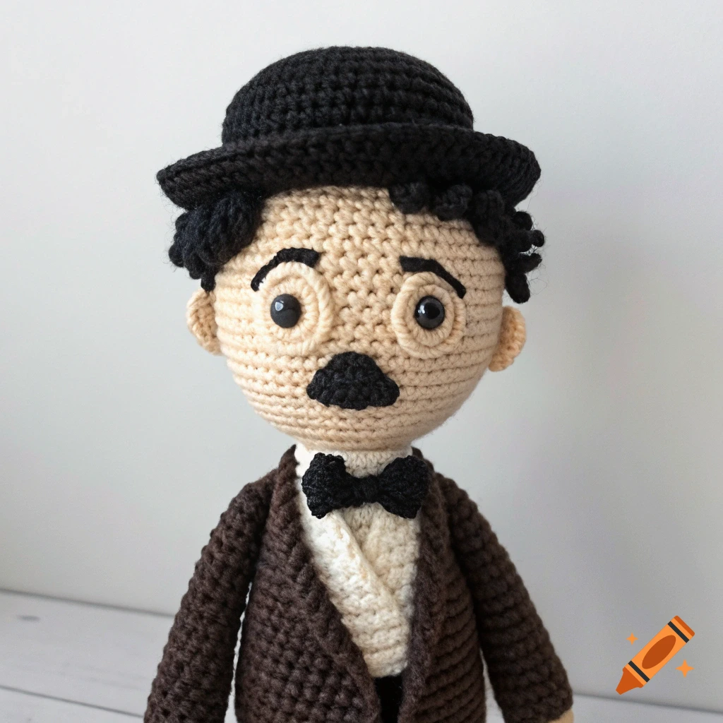A crocheted doll dressed as Charlie Chaplin