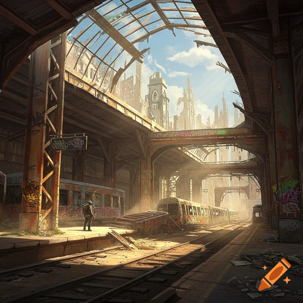 A derelict, graffiti-covered train station with ruined trains under a broken glass roof in a post-apocalyptic setting.