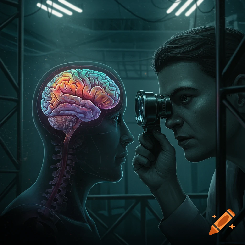 Person looking through scope at head with visible brain and spine