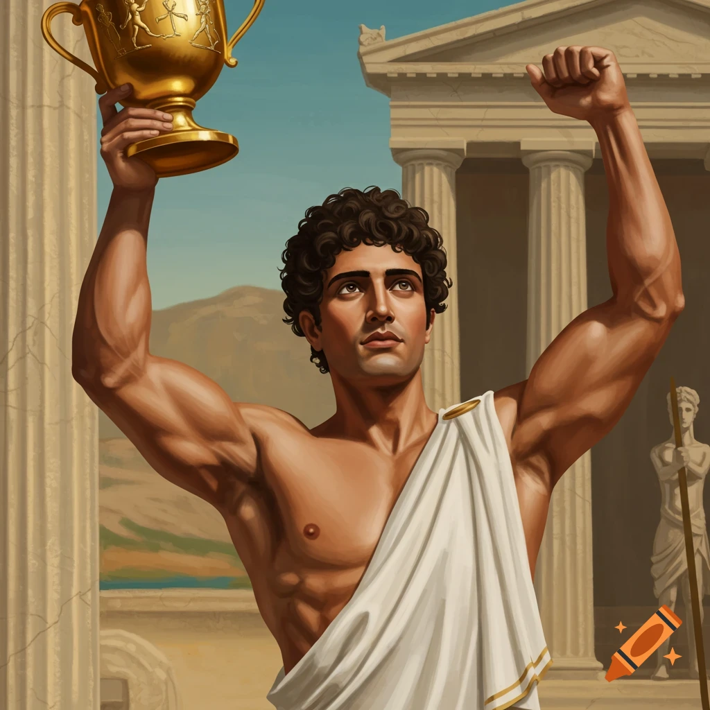 A muscular ancient Greek man holds up a golden trophy.