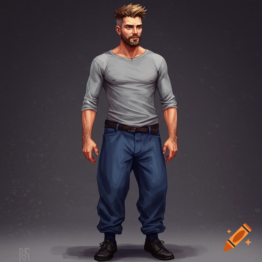 Man with a beard, gray shirt, and baggy blue pants.