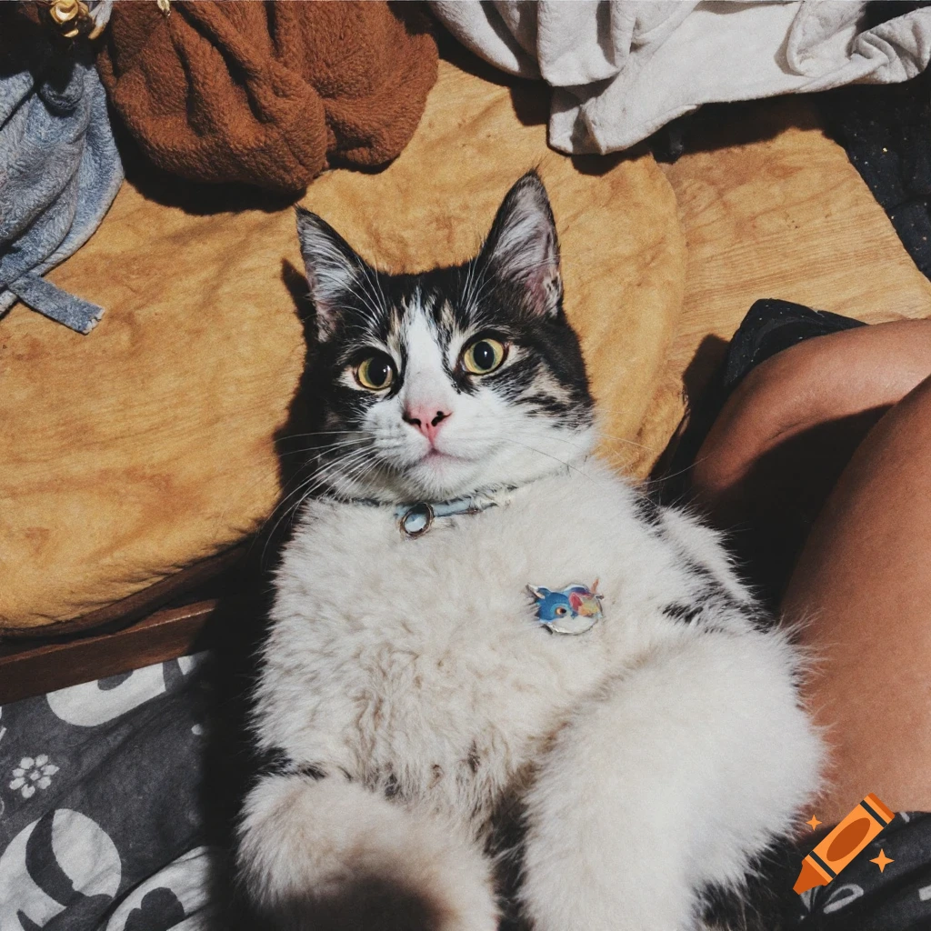 A black and white cat lies on its back on a person's lap, looking up