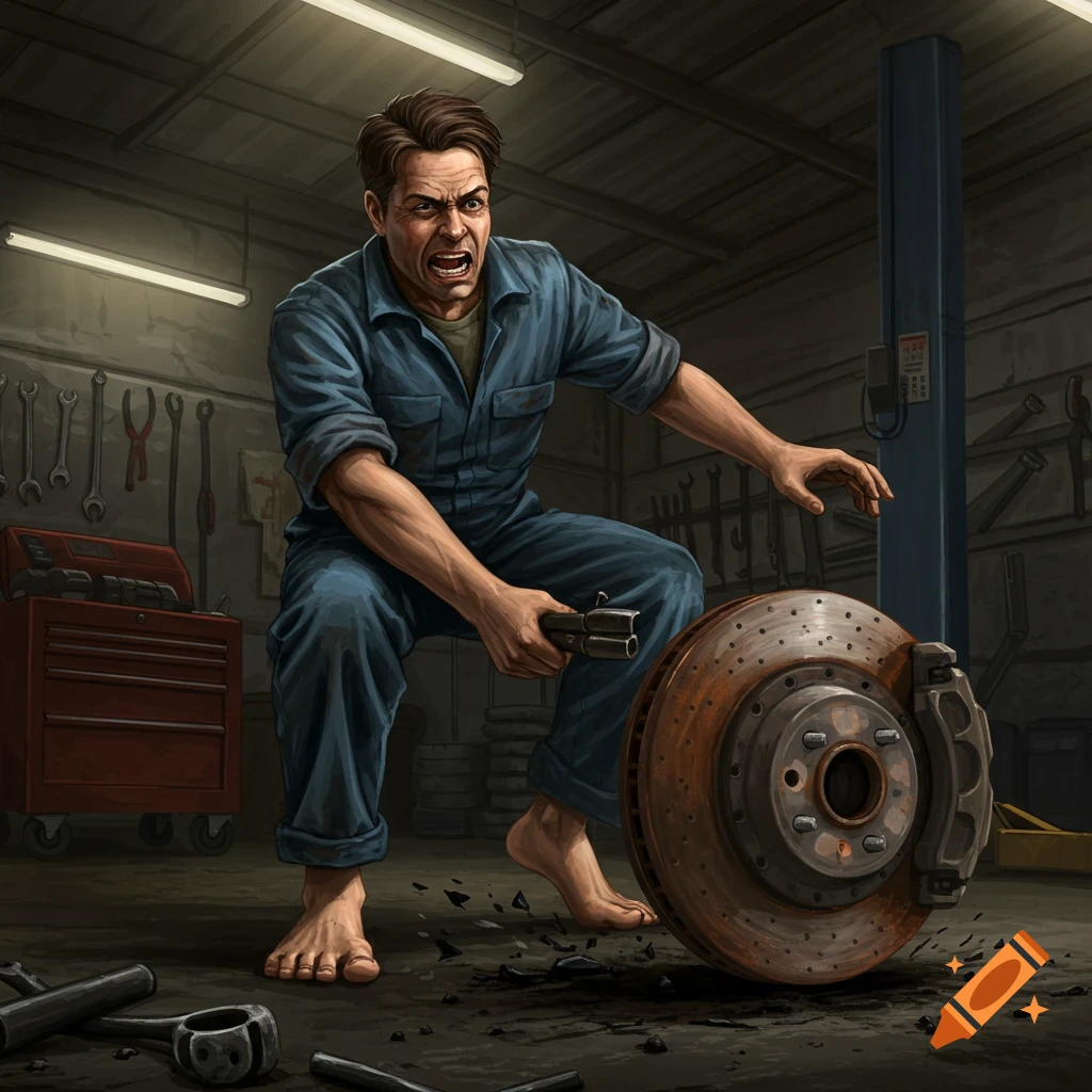 A mechanic drops a brake rotor on his foot in a garage.