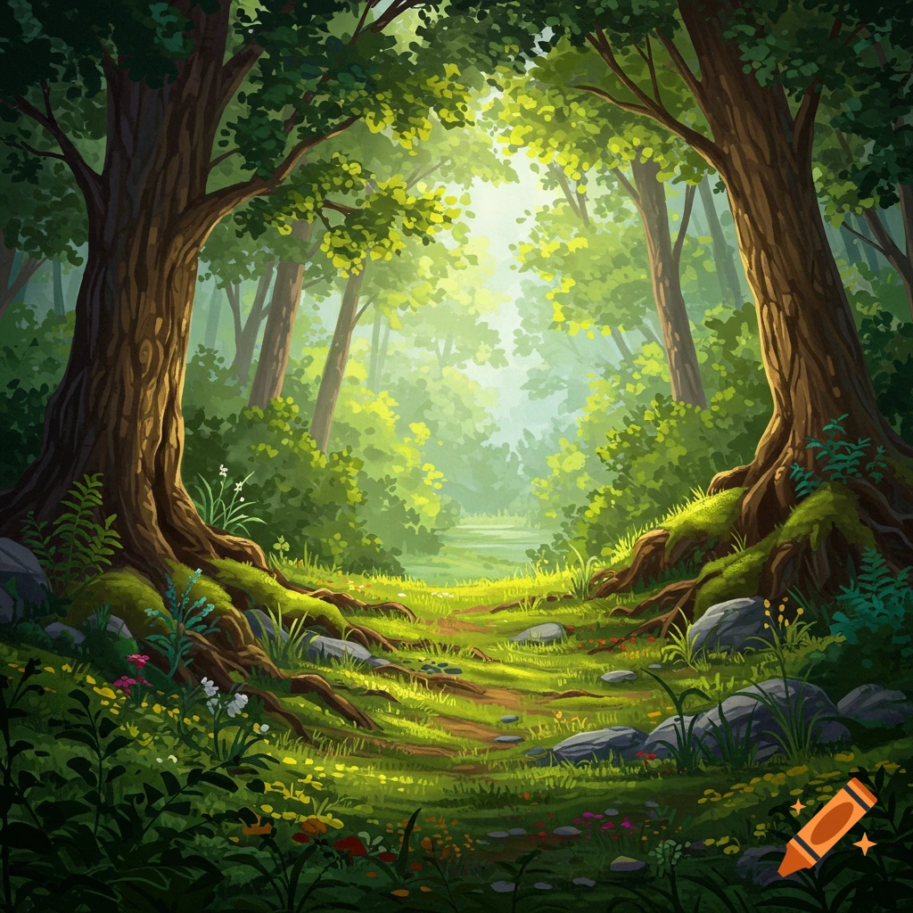 A sunlit path winding through a lush forest, digital art.