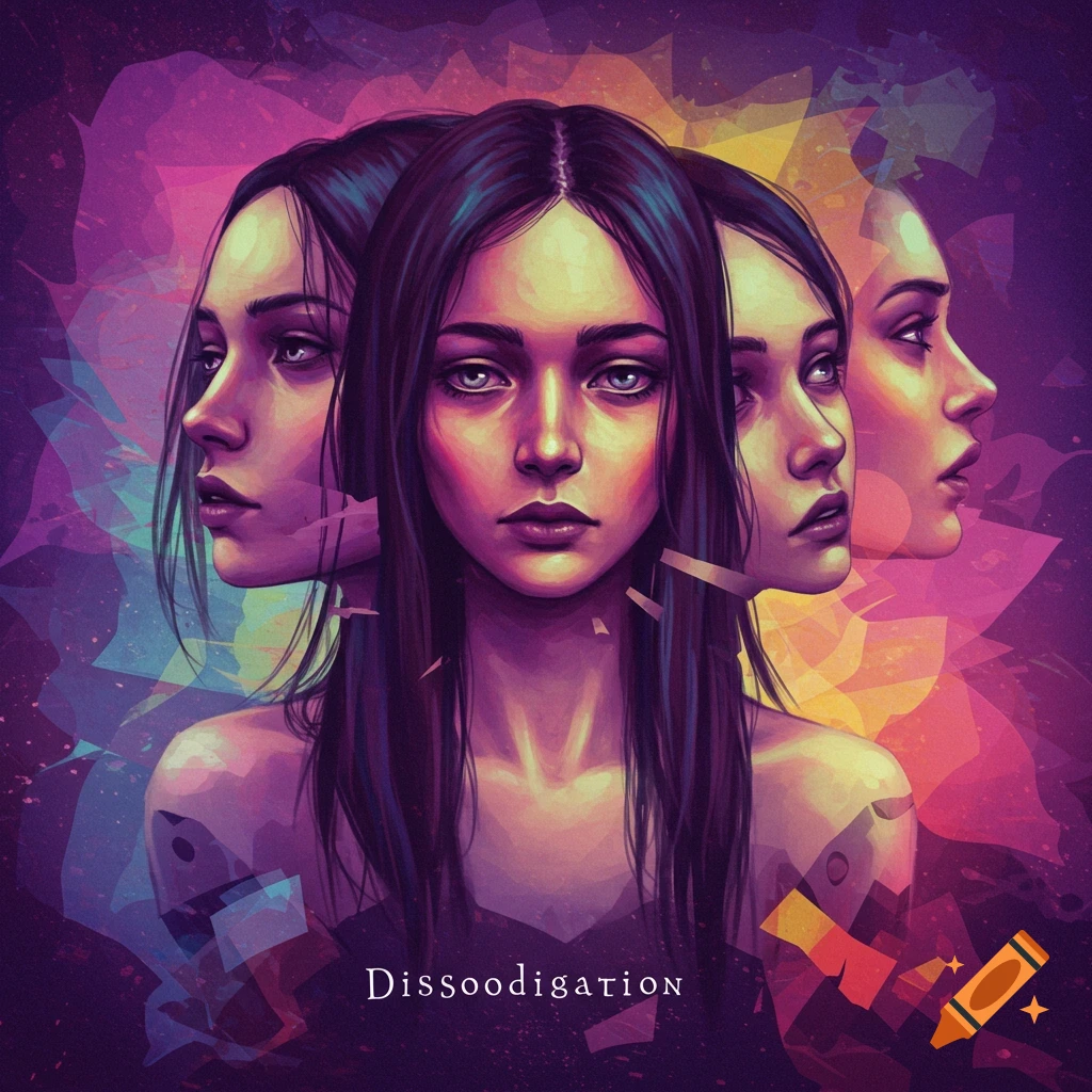 A woman with multiple faces is depicted against a vibrant abstract background.