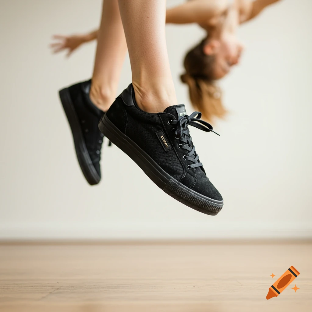 Close-up view of black sneakers worn by a person jumping.