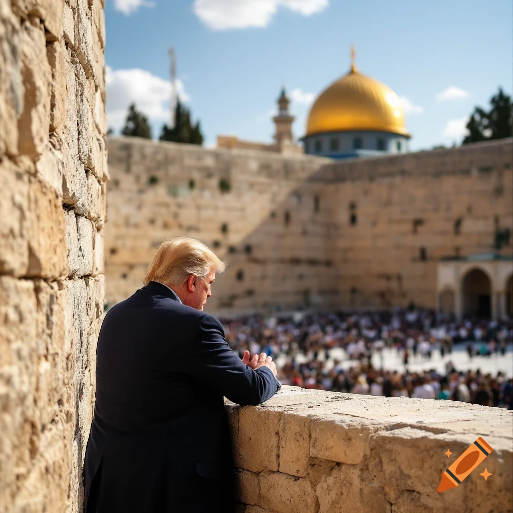 Donald Trump leans at the Western Wall, hands together, with the Dome of the Rock in the background.