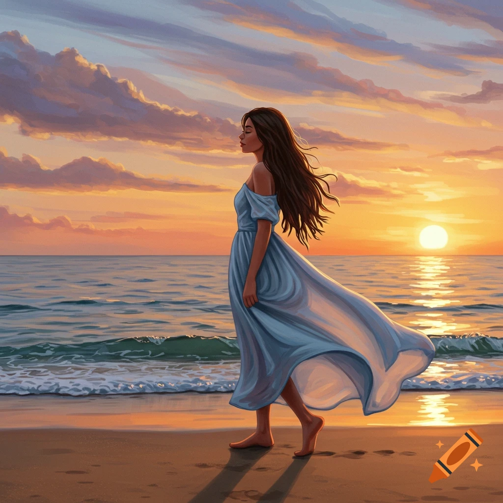 A woman in a blue dress walking on a beach at sunset.