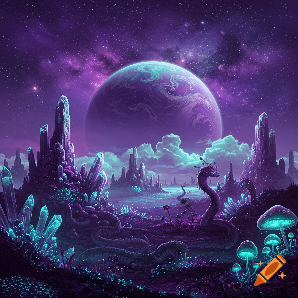Vibrant alien landscape with glowing crystals, strange plants, mushrooms, and creatures under a large purple planet.