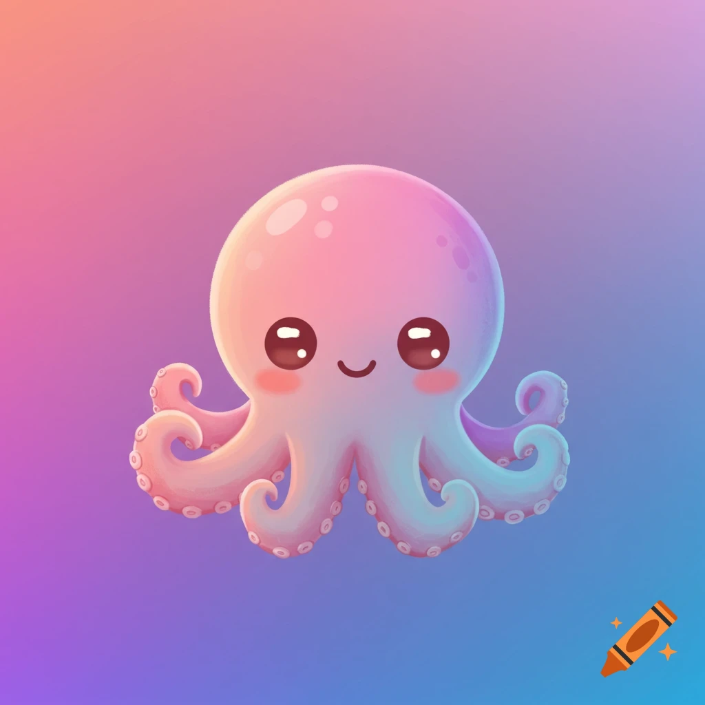 Cute pink and blue digital illustration of an octopus floating on a gradient background.