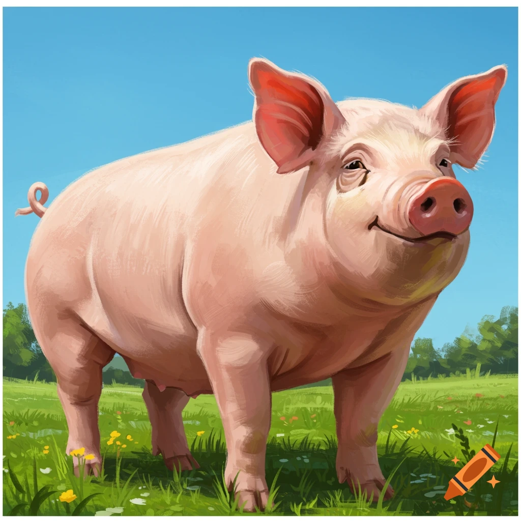 A pink pig smiles in a green field under a blue sky.