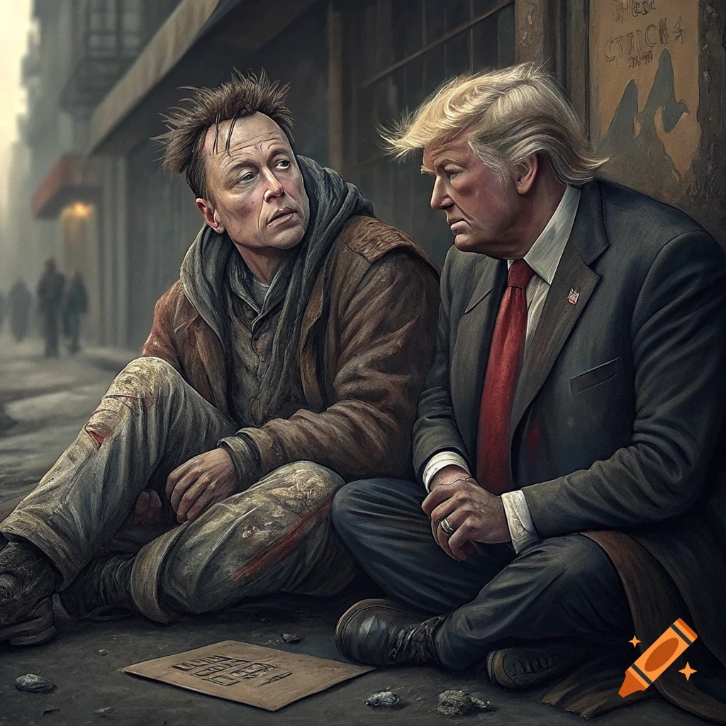 Elon Musk and Donald Trump sit on a street, appearing homeless, with a sign.