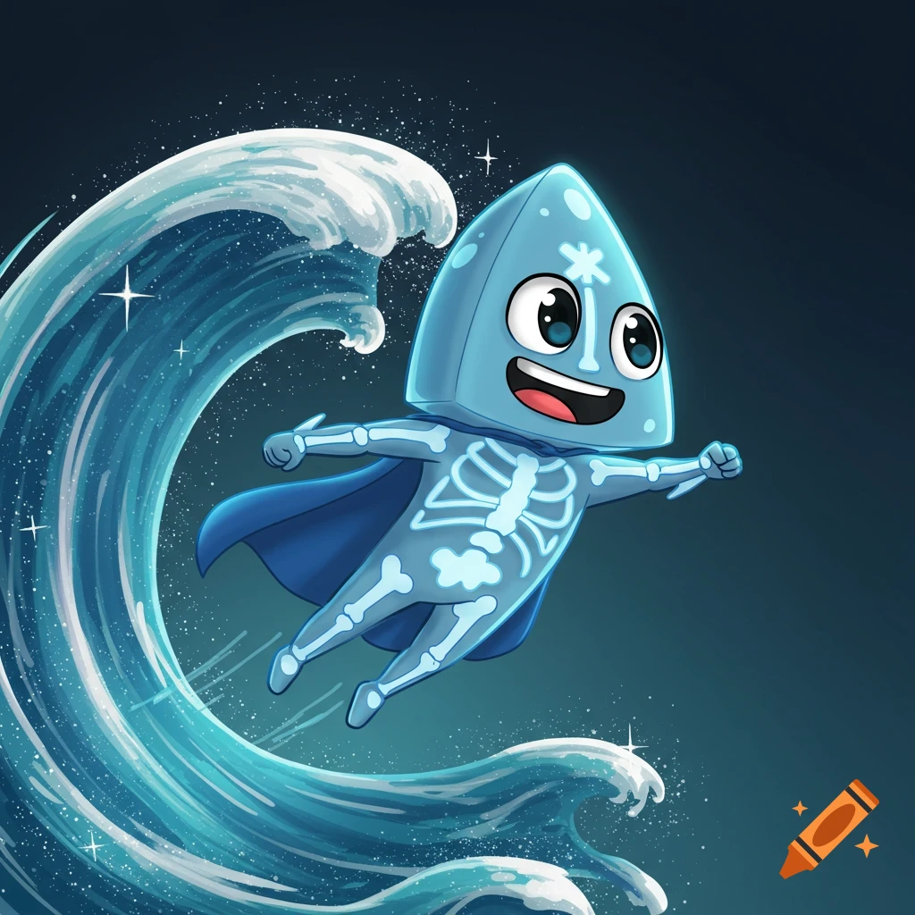 Cartoon blue character with a skeleton pattern and cape flies on a sparkly wave. Illustration.