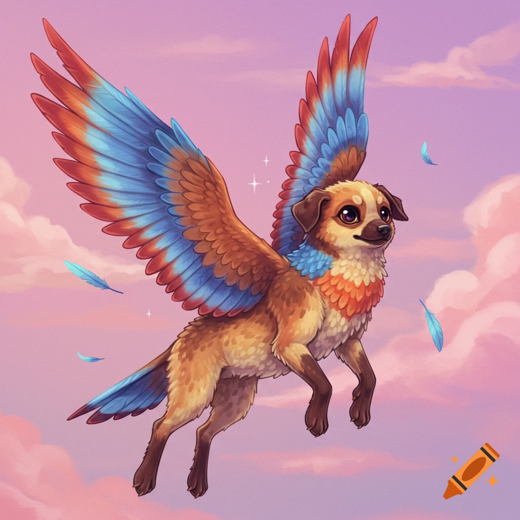 A dog-like creature with colorful red, orange, and blue wings and a feathery neck, flying in a pink sky with clouds.