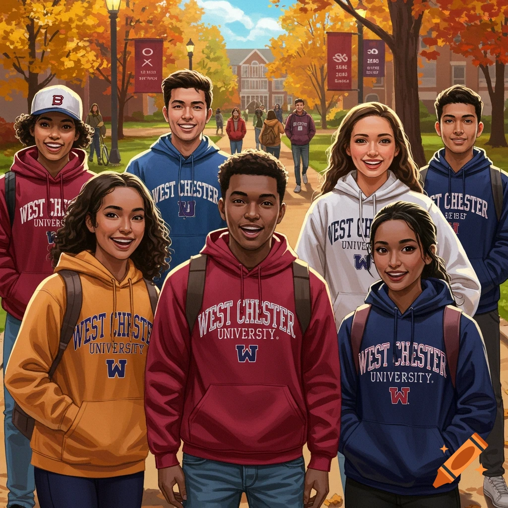 A group of diverse students wearing West Chester University hoodies