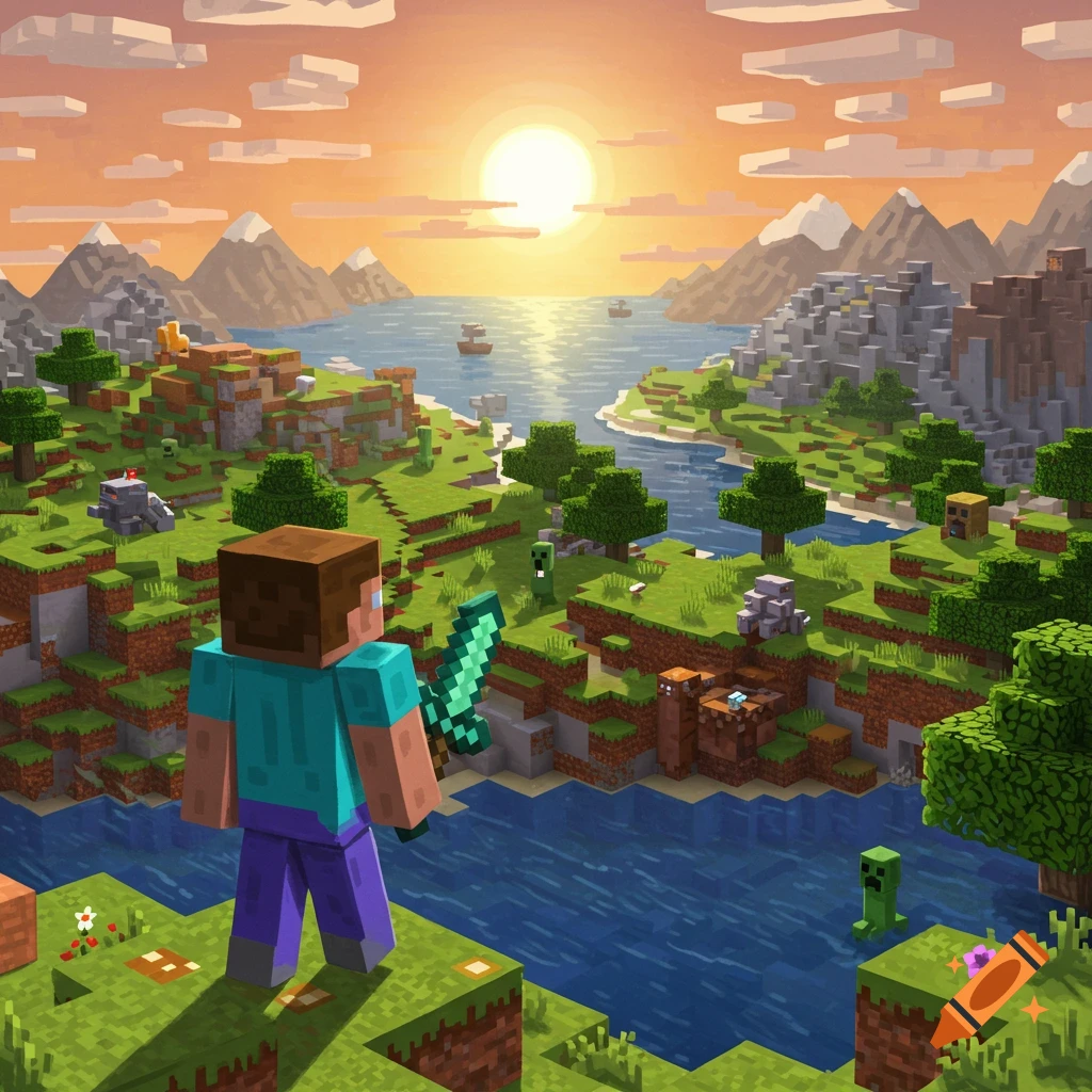 Steve overlooks a pixelated Minecraft landscape with mountains, water, and mobs at sunset.