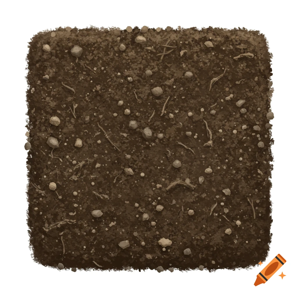 A square image of brown dirt with rocks and roots.