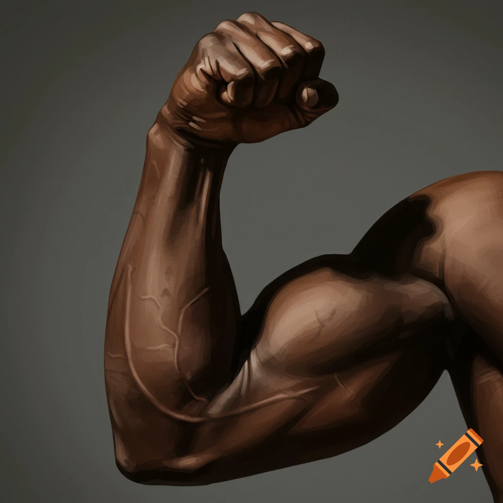 Muscular forearm and clenched fist.