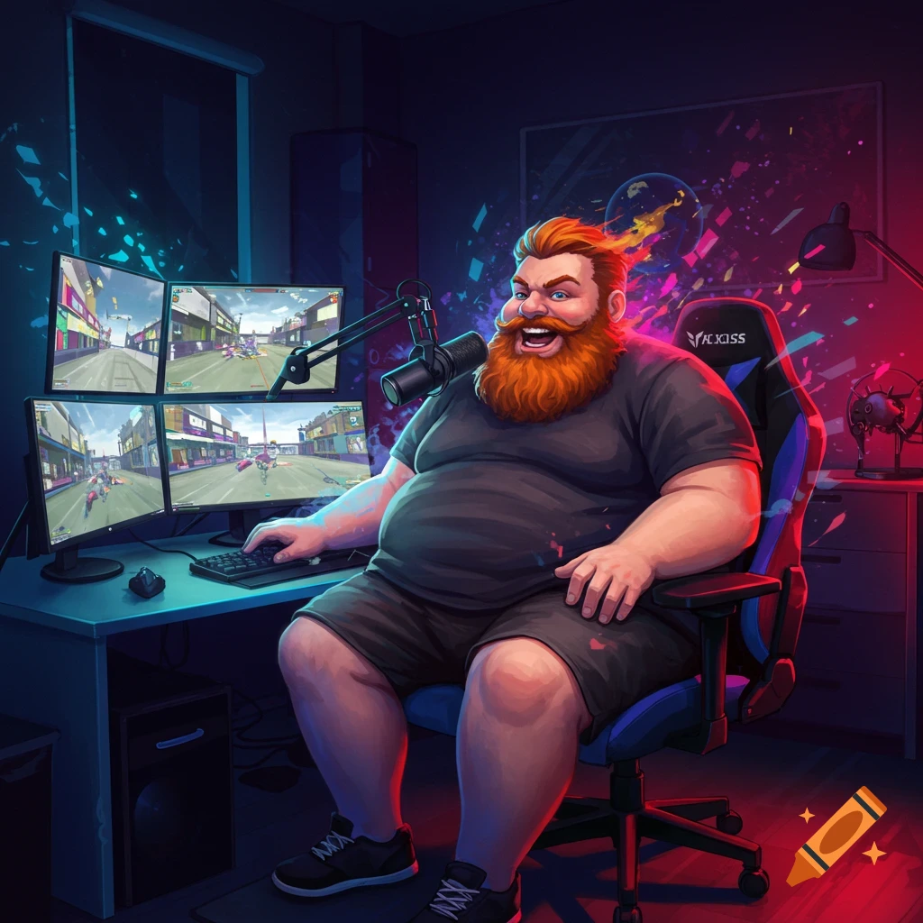 A fat streamer with a red beard is sitting in a gaming chair in front of four monitors, with colorful lighting.
