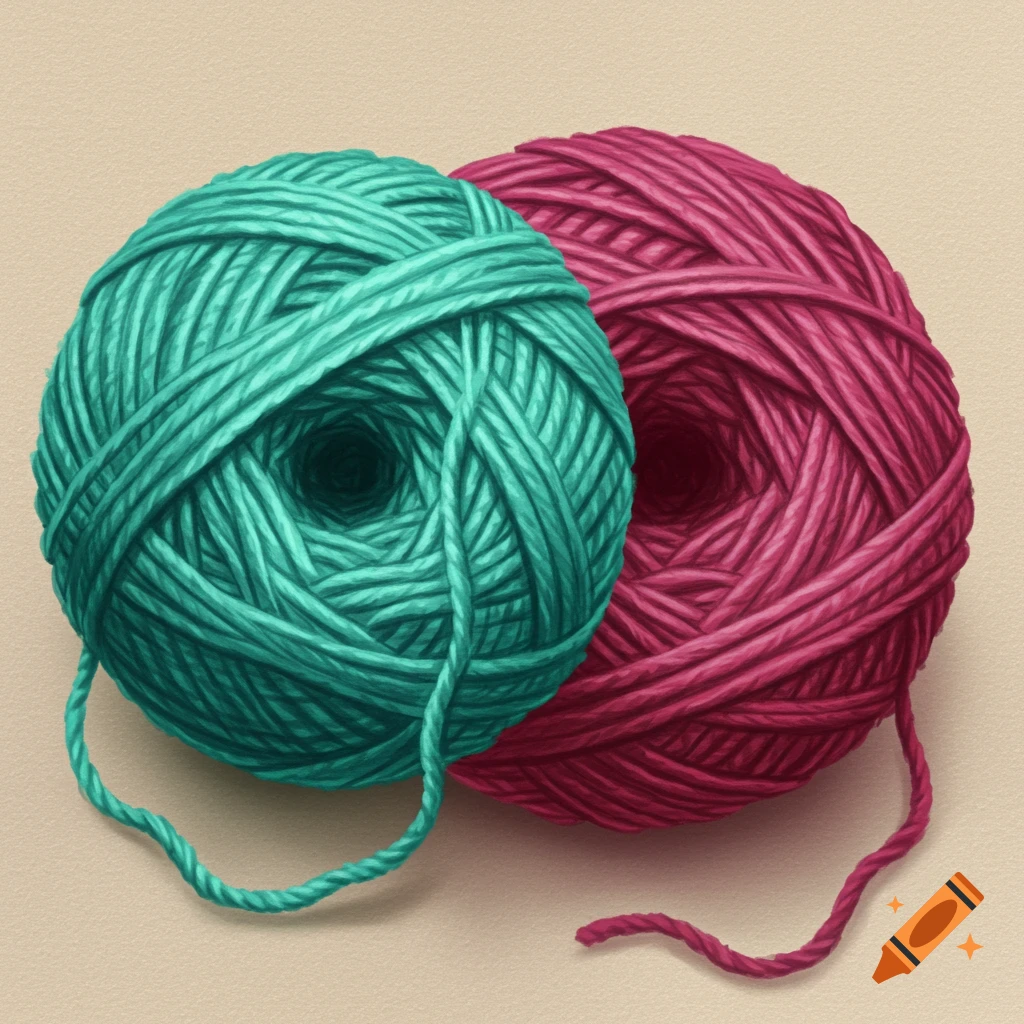 A teal yarn ball and a pink yarn ball.