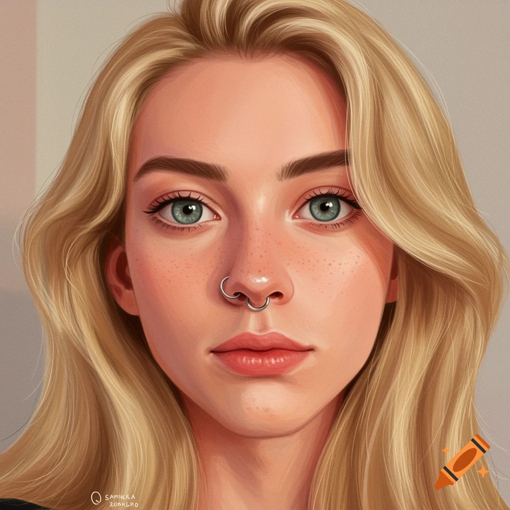 Hyperrealistic image of a young woman with blonde hair, blue eyes, freckles, and a septum piercing.